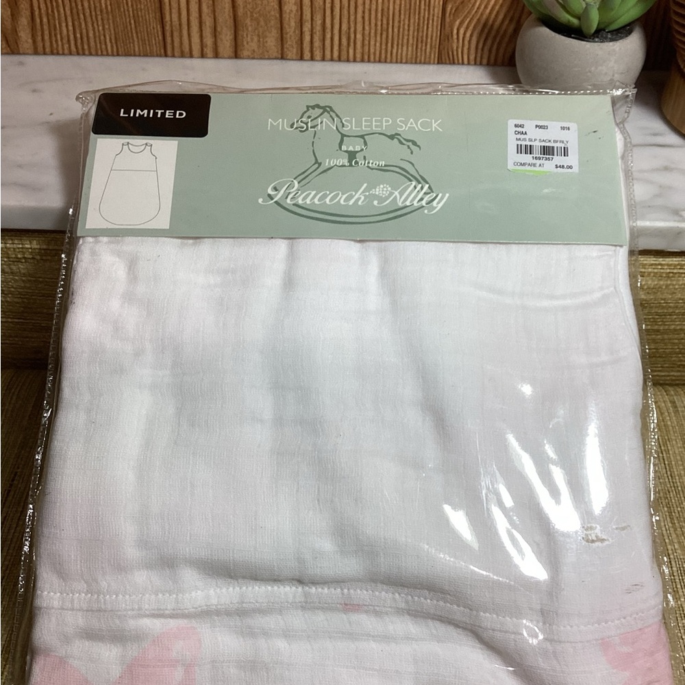 Peacock Alley White Muslin Sleep Sack with Pink Butterflies One Size